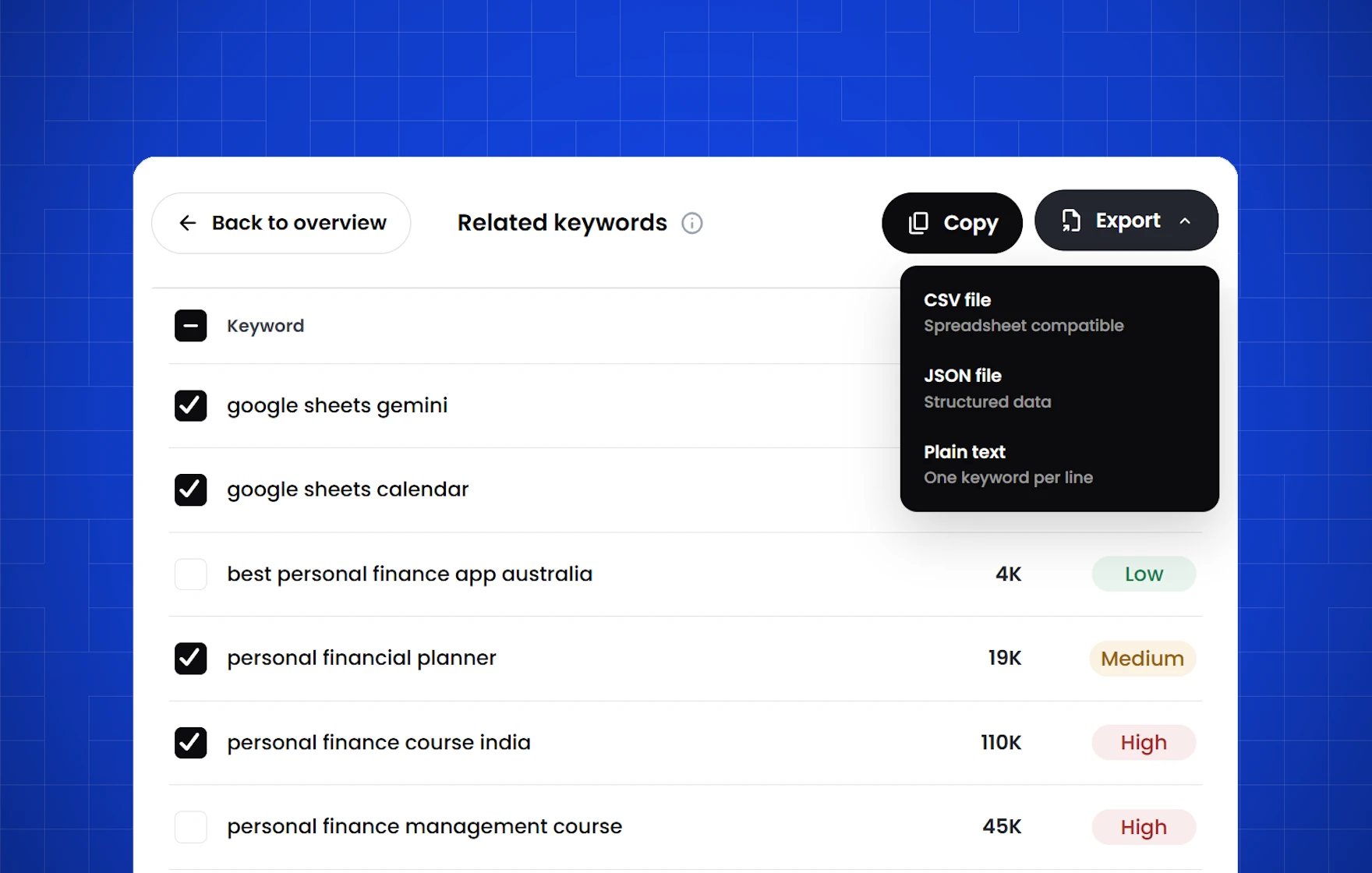 KeywordsRocket Dashboard showing export options for YouTube keyword research results